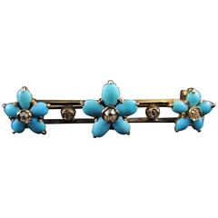 19th Century Antique Turquoise Diamond Flowers Gold Pin Brooch