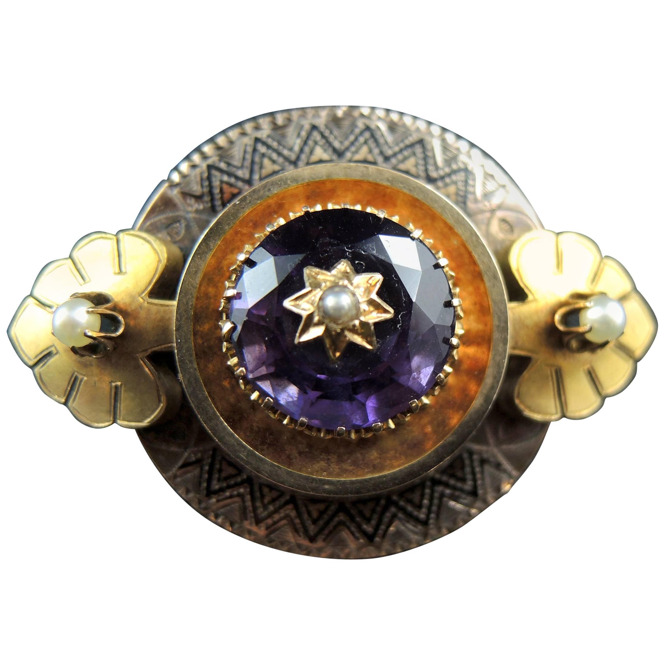 Amethyst 14 Karat Gold Brooch, Napoleon III