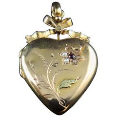 French Heart Gold Locket with Seed Pearls, 19th Century