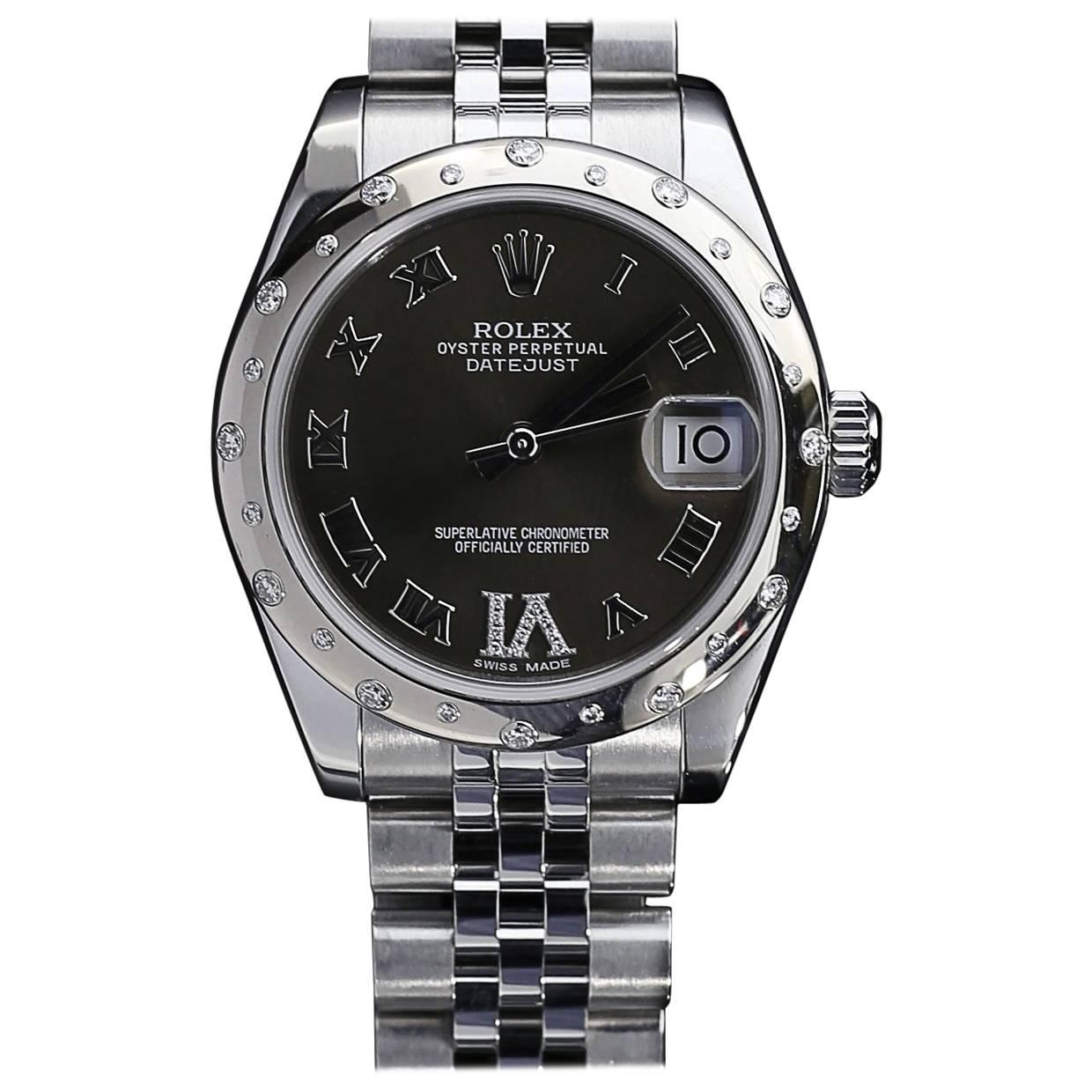Rolex White Gold Stainless Steel Oyster Datejust Bronze Diamond Dial Wristwatch