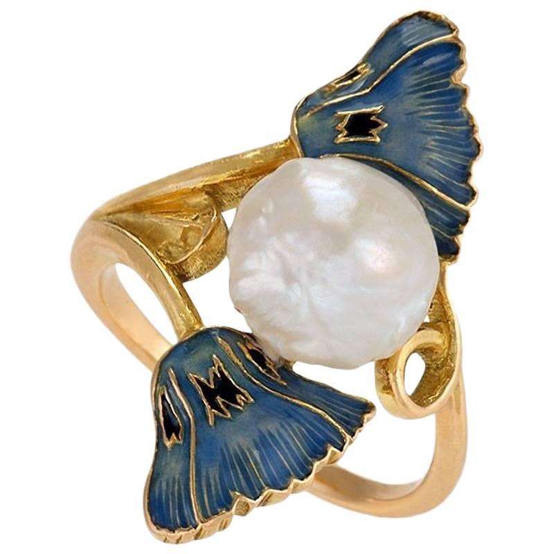 René Lalique French Art Nouveau Pearl Gold and Enamel Ring