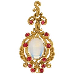 Antique Late 19th Century Moonstone Ruby and Gold Pendant
