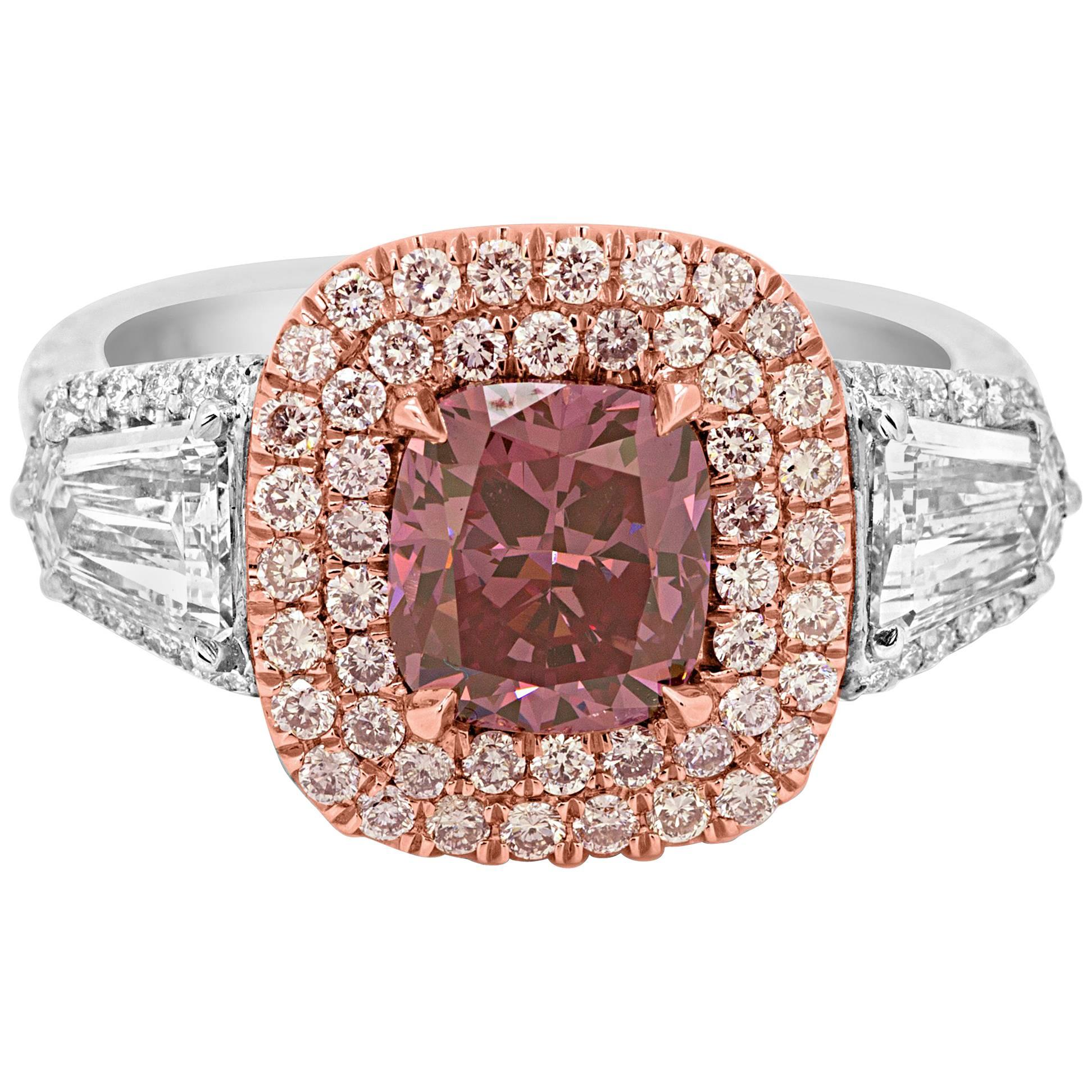 GIA Certified HPHT Vivid Purplish Pink Diamond Double Halo Two Color Gold Ring