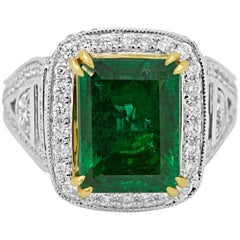 GIA Certified 4.38 Carat Emerald Diamond Two Color Gold Halo Bridal Fashion Ring