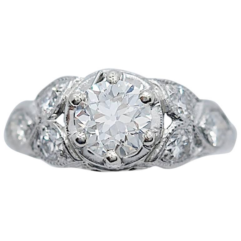 Art Deco Antique Engagement Ring .85 Carat Diamond 18K White Gold For Sale