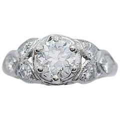 Art Deco Antique Engagement Ring .85 Carat Diamond 18K White Gold