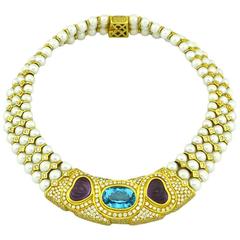 1980s Pearl Topaz Amethyst Diamond Collar Necklace