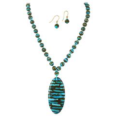 Decadent Jewels Turquoise Copper Pendant gold Necklace and Earrings Gold