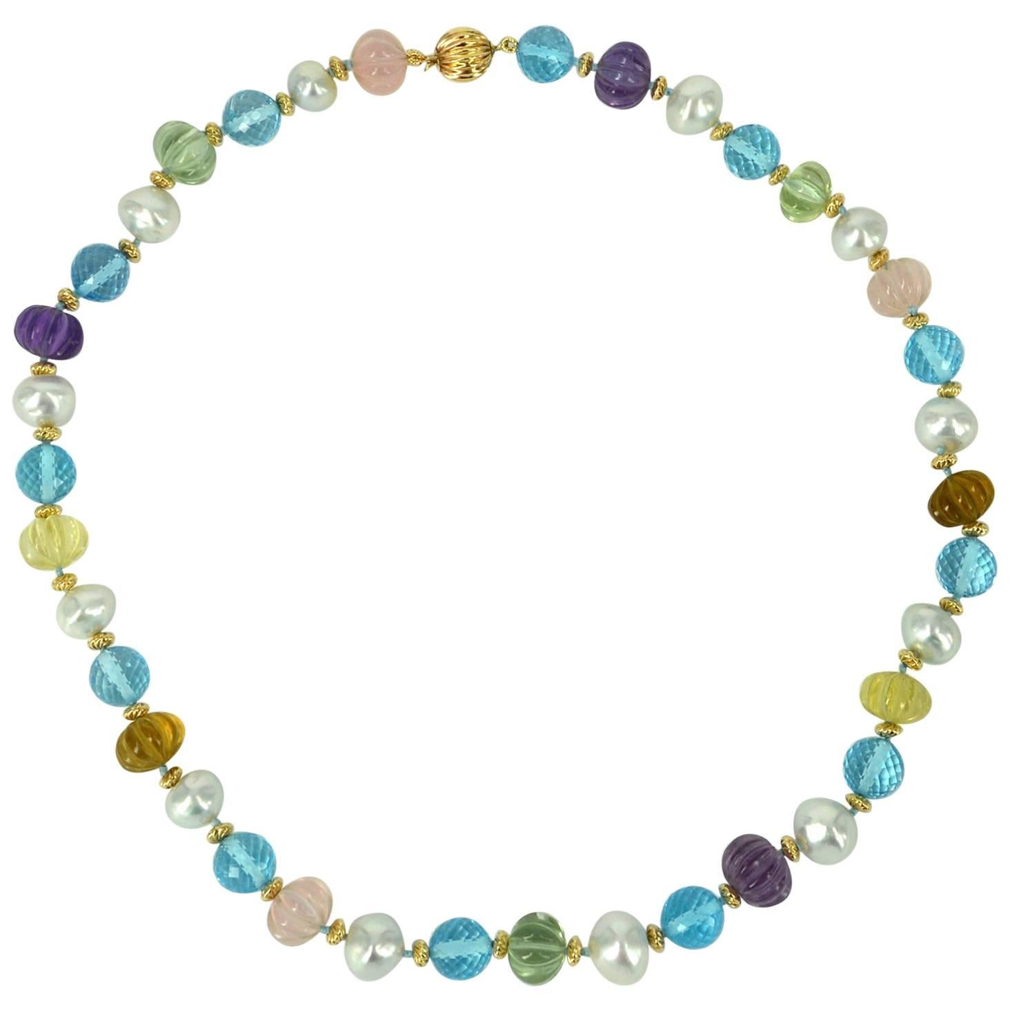 Decadent Jewels South Sea Pearl Blue Topaz Carved Amethyst Quartz Gold Necklace For Sale