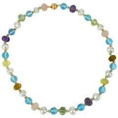Decadent Jewels South Sea Pearl Blue Topaz Carved Amethyst Quartz Gold Necklace