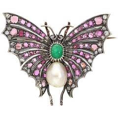 Victorian Era Emerald, natural Pearl, Diamond and Ruby Butterfly Brooch Pin