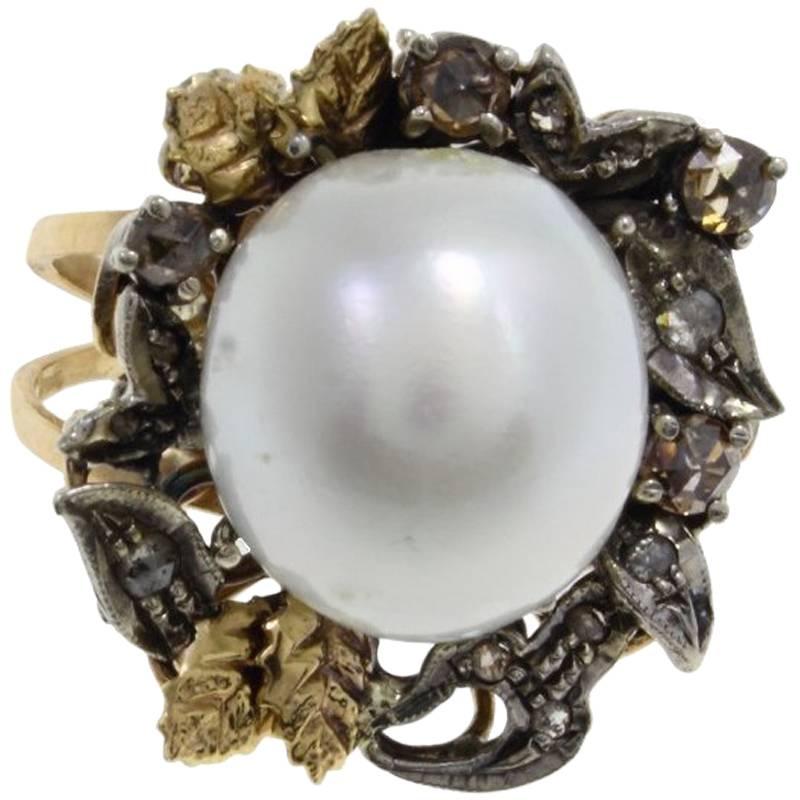 Anillo Oro Plata Diamante Perla Australiana en venta