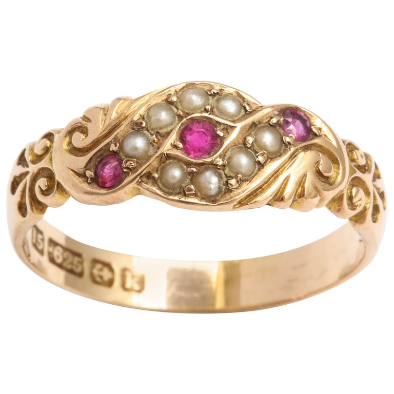 English 15k Gold Ruby Pearl Ring, Birmingham at 1stDibs | ruby and ...