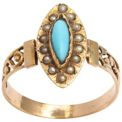 French Turquoise 18k Gold and Pearl Ring, 19th Century