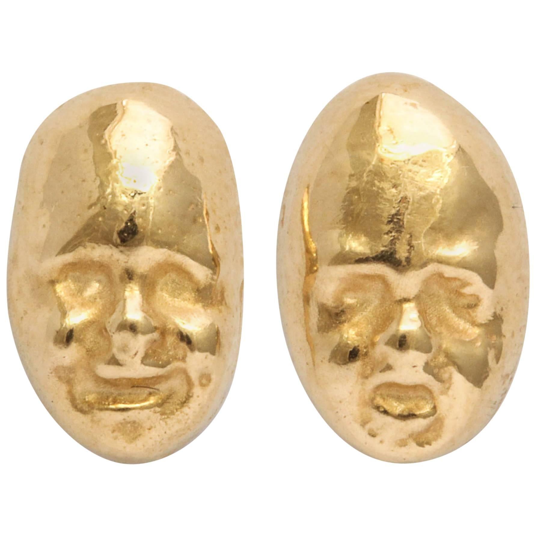 Small Gold Theatrical Mask Earrings, Tragedy & Comedy For Sale