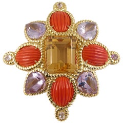 Tony Duquette 146 Carat Citrine Coral Amethyst and Kunzite Gold Brooch Pin 9