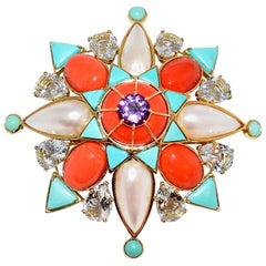 Tony Duquette Coral Turquoise Mabe Pearl Aquamarine Amethyst Gold Brooch Pin 8