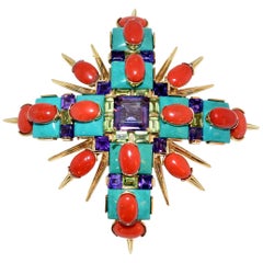 Tony Duquette Turquoise Coral Amethyst Peridot Gold Brooch Pin 4