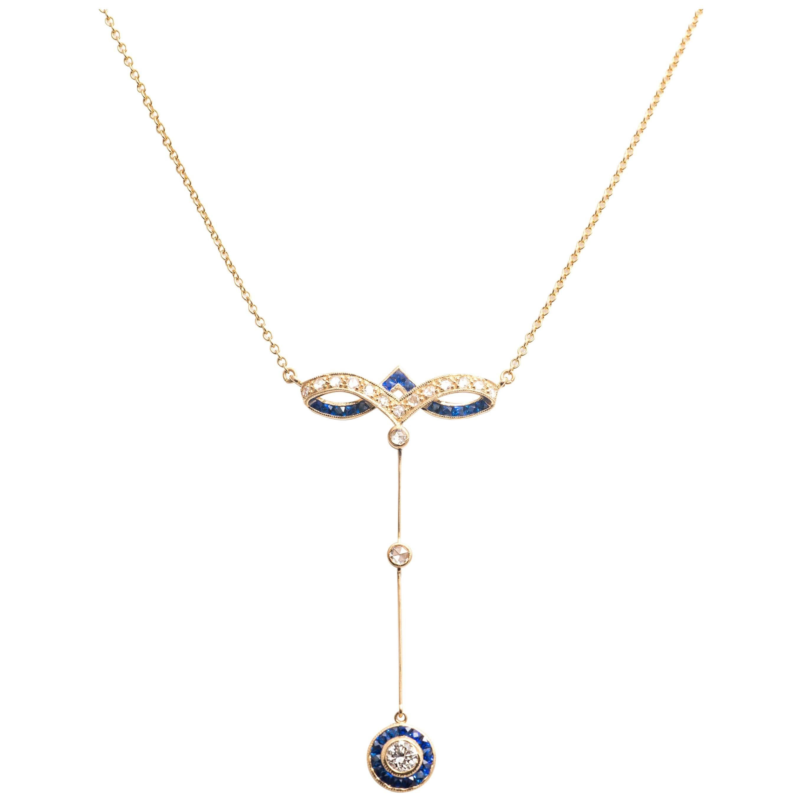 Exquisite French Cut Sapphire Diamond Yellow Gold Drop Necklace For Sale
