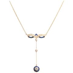 Exquisite French Cut Sapphire Diamond Yellow Gold Drop Necklace