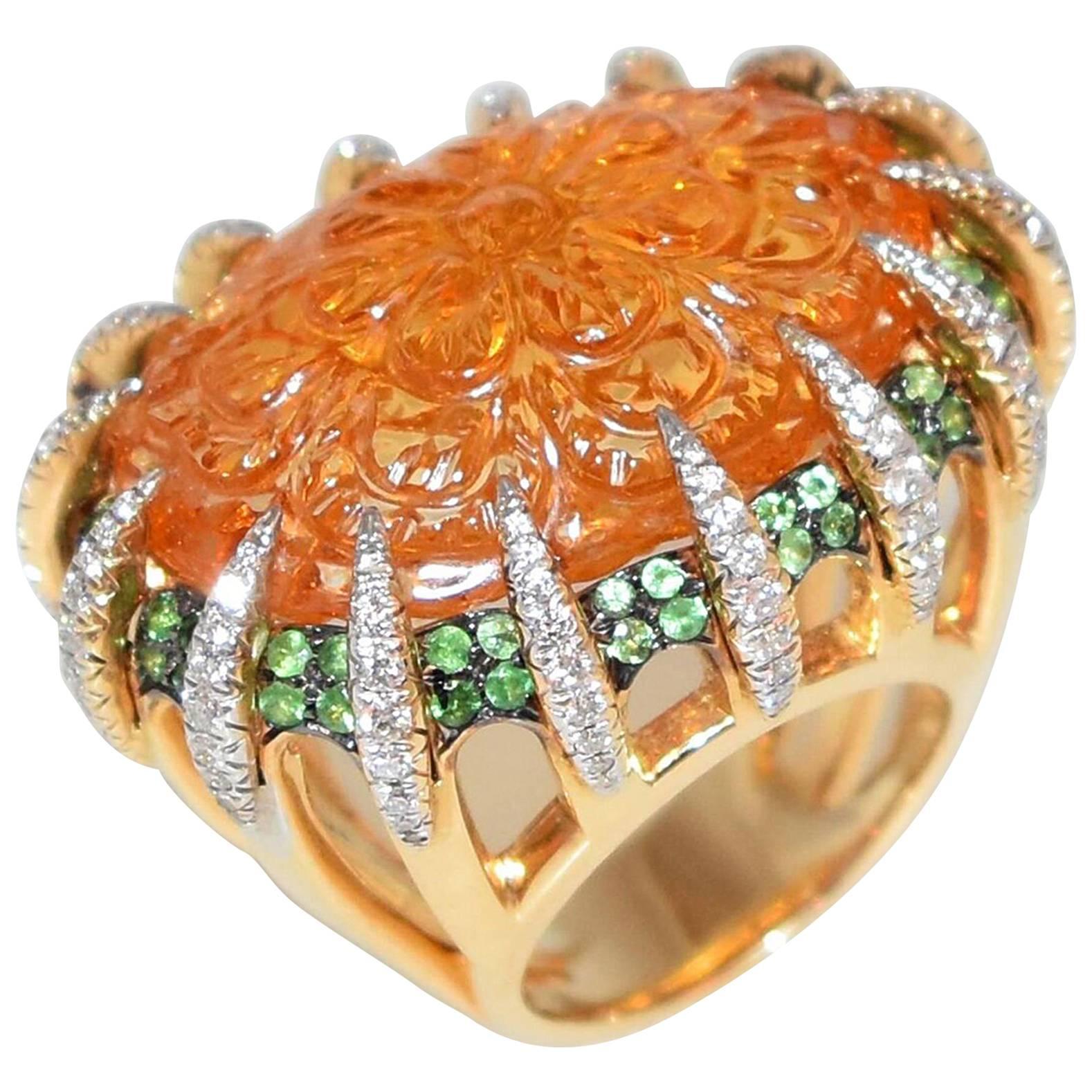 39.60 Carat Carved Citrine Diamond Tsvorite Tony Duquette Gold Ring