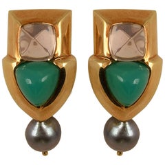 Fabulous Tony Duquette Rose Quartz Chrysoprase Black Pearl Gold Earrings