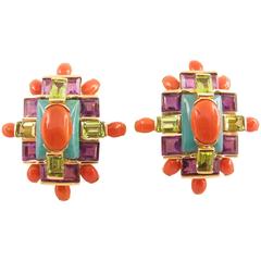 Tony Duquette Coral Turquoise Amethyst Peridot Gold Earrings 12