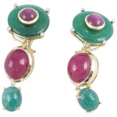 Exquisite Tony Duquette Ruby, Star Ruby, Agate and Diamond Gold Earrings