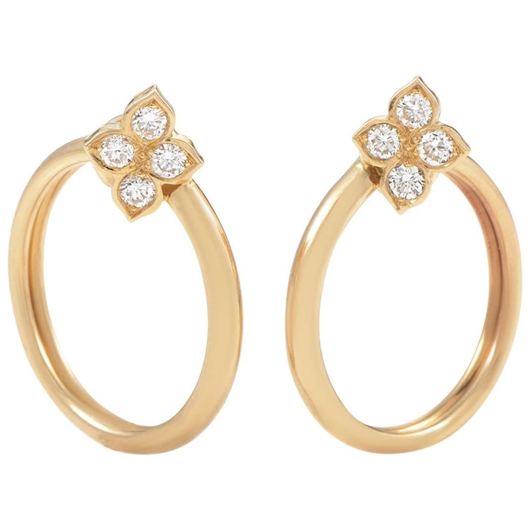 Cartier Diamond Yellow Gold Flower Clip-On Hoop Earrings