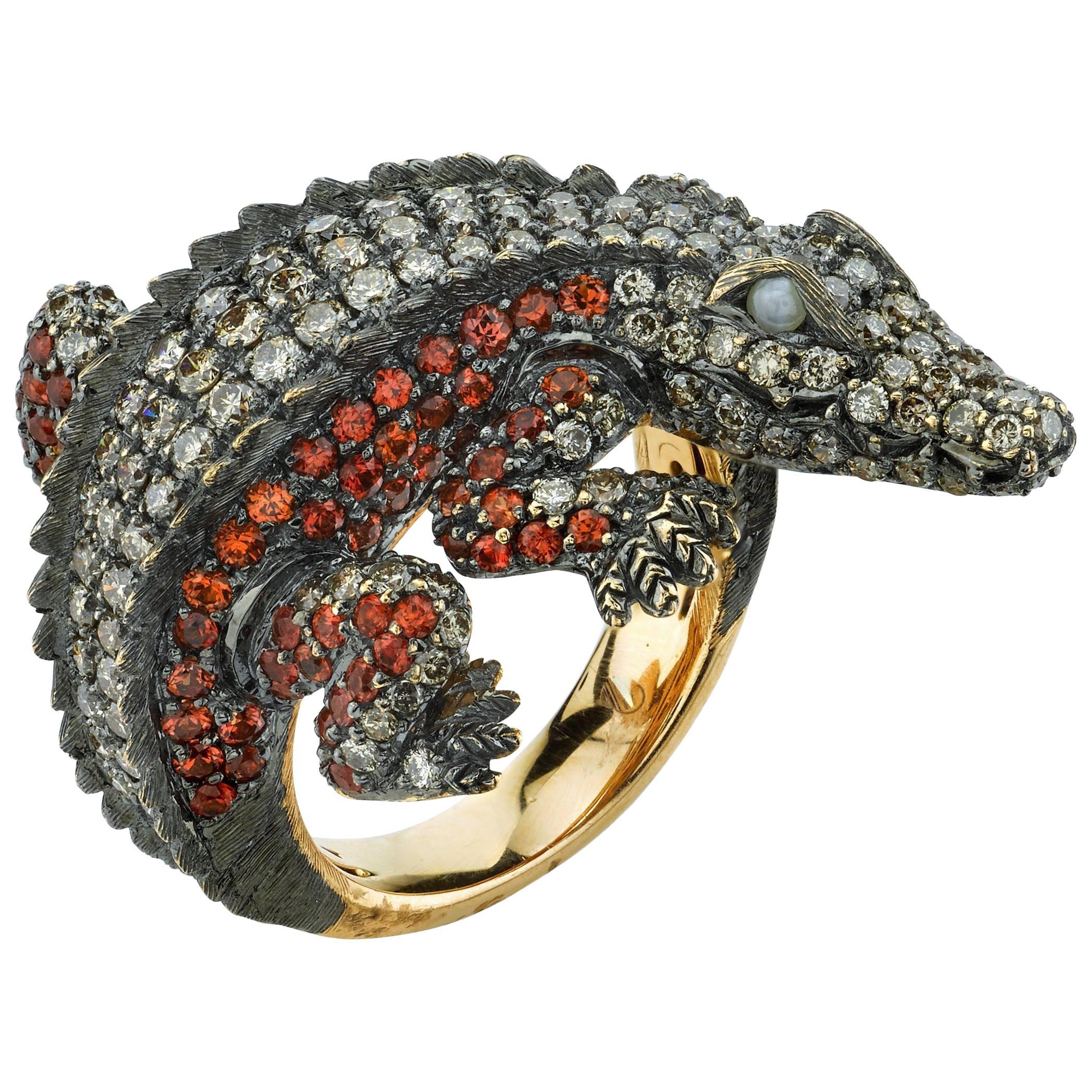 Orange Sapphire Cat Eye Diamond Gold Alligator Ring For Sale
