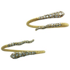 Antique Early 20th Century Pair of Diamond and Gold Snake Serpenti Bracelets