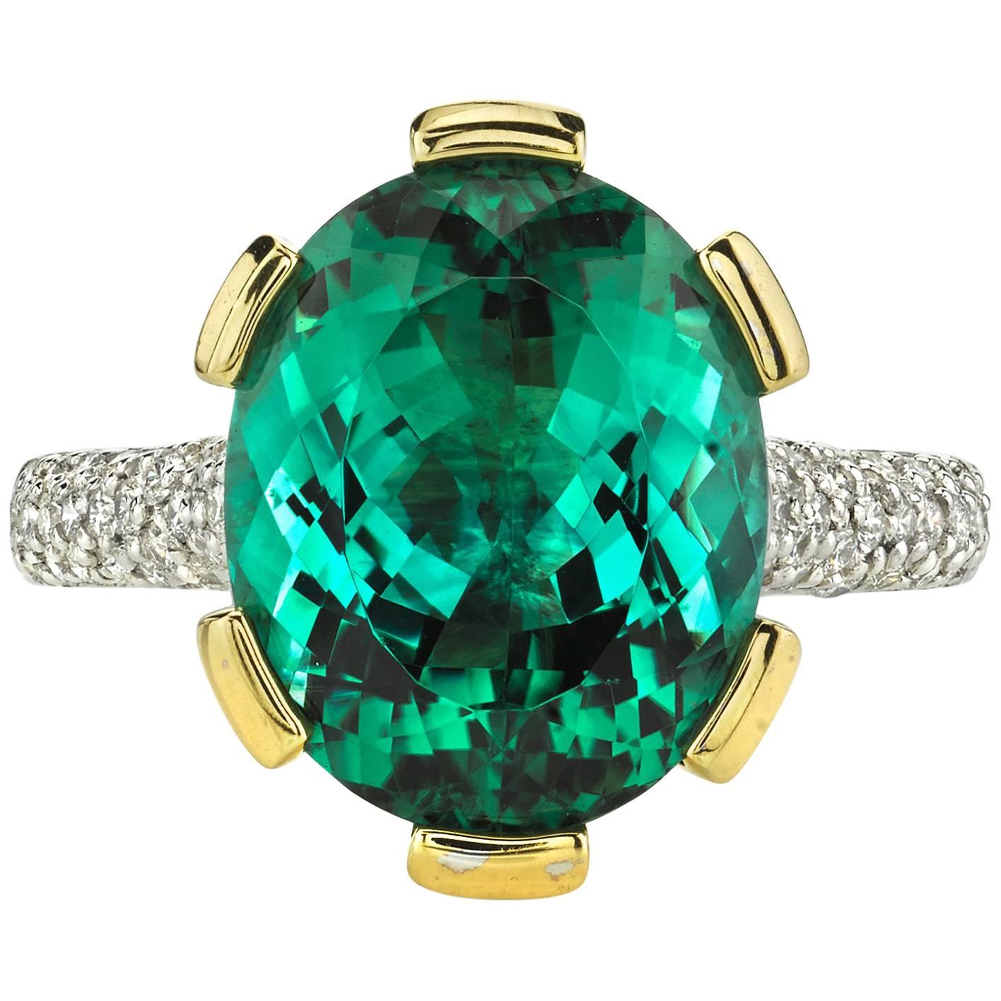 GIA Certified Blue-Green Tourmaline Diamond Gold Cocktail Ring For Sale