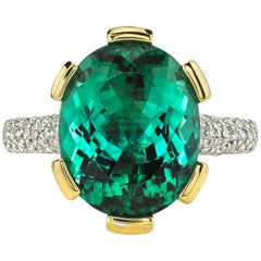 GIA Certified Blue-Green Tourmaline Diamond Gold Cocktail Ring