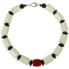 Carved Coral Black Agate Silver Necklace