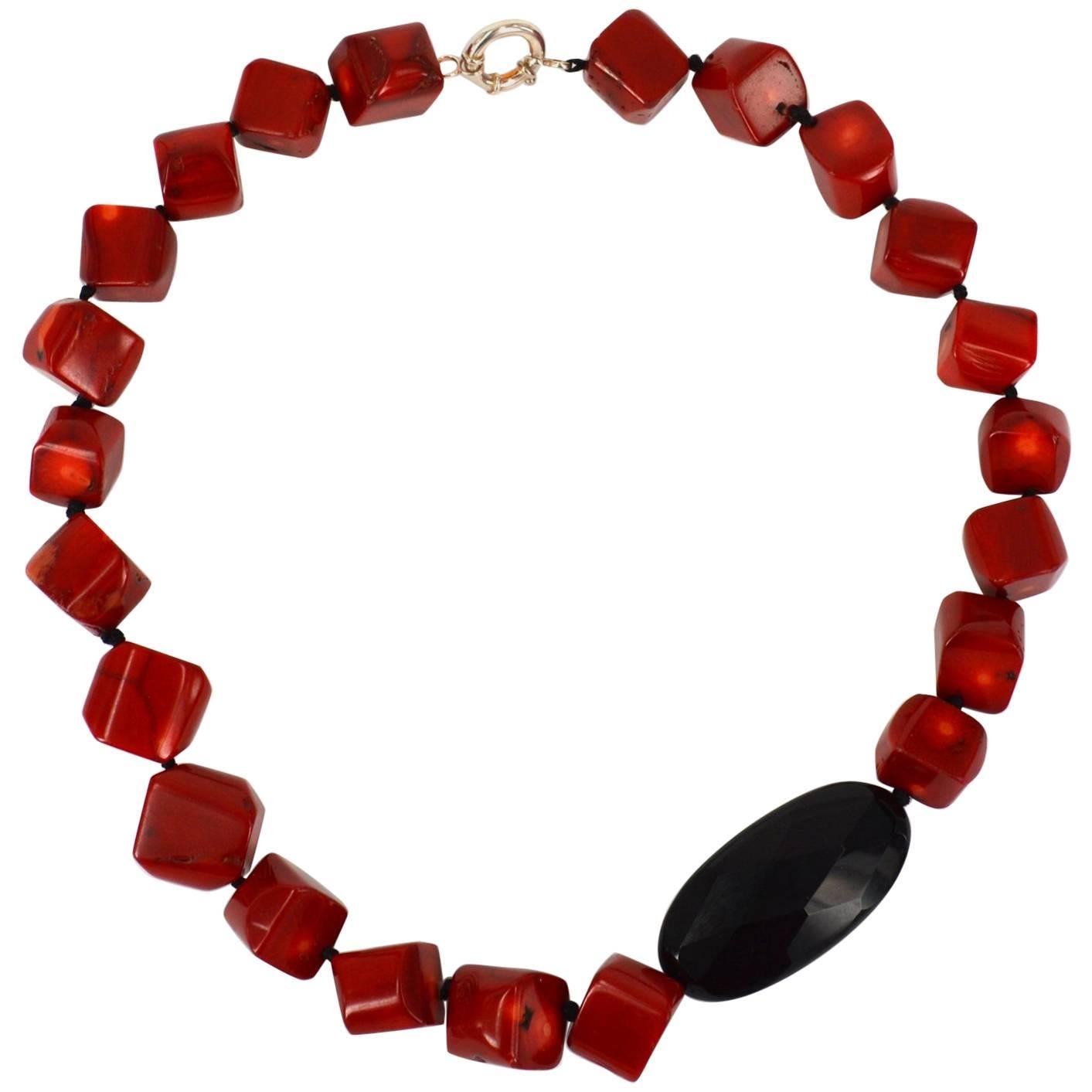 Sea Bamboo Coral Onyx Silver Necklace