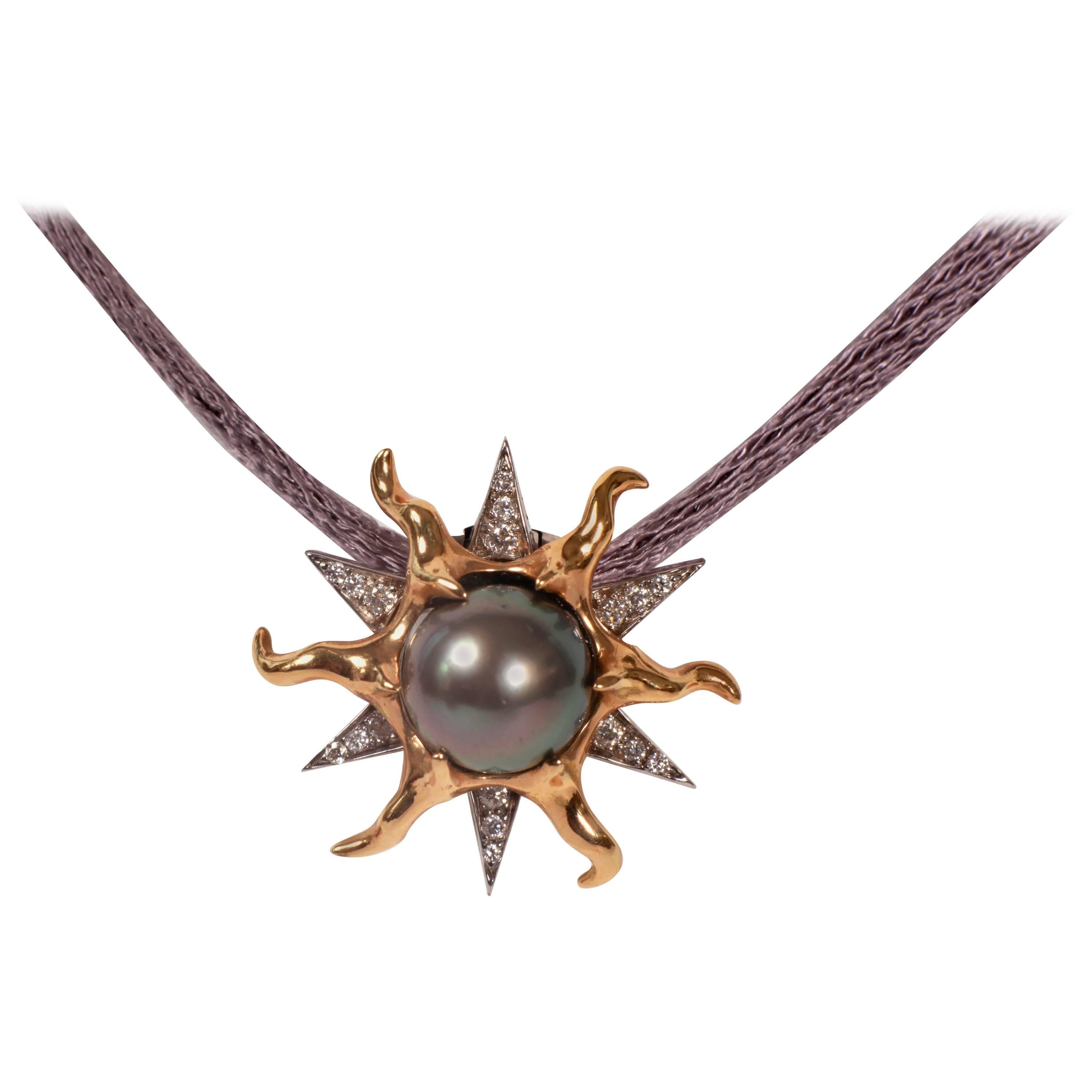  Tahitian Pearl on a White and Yellow Gold Sun Pendant by Marion Jeantet For Sale