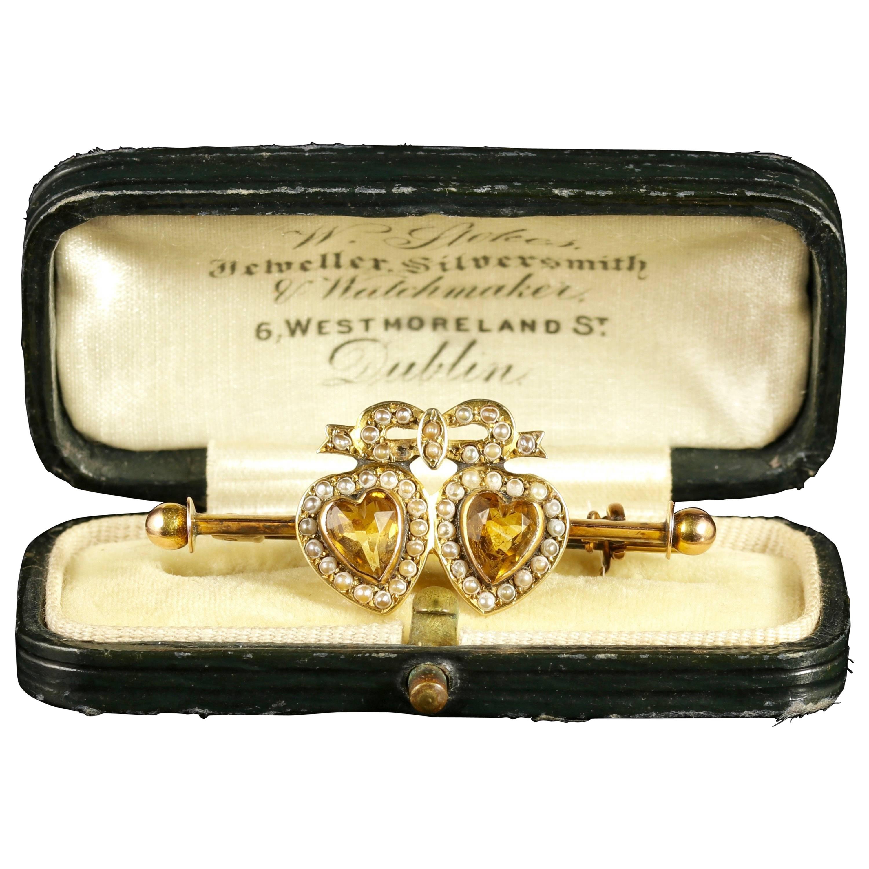 Antique Citrine Double Sweet Heart Pearl Gold Brooch in Original Irish Box