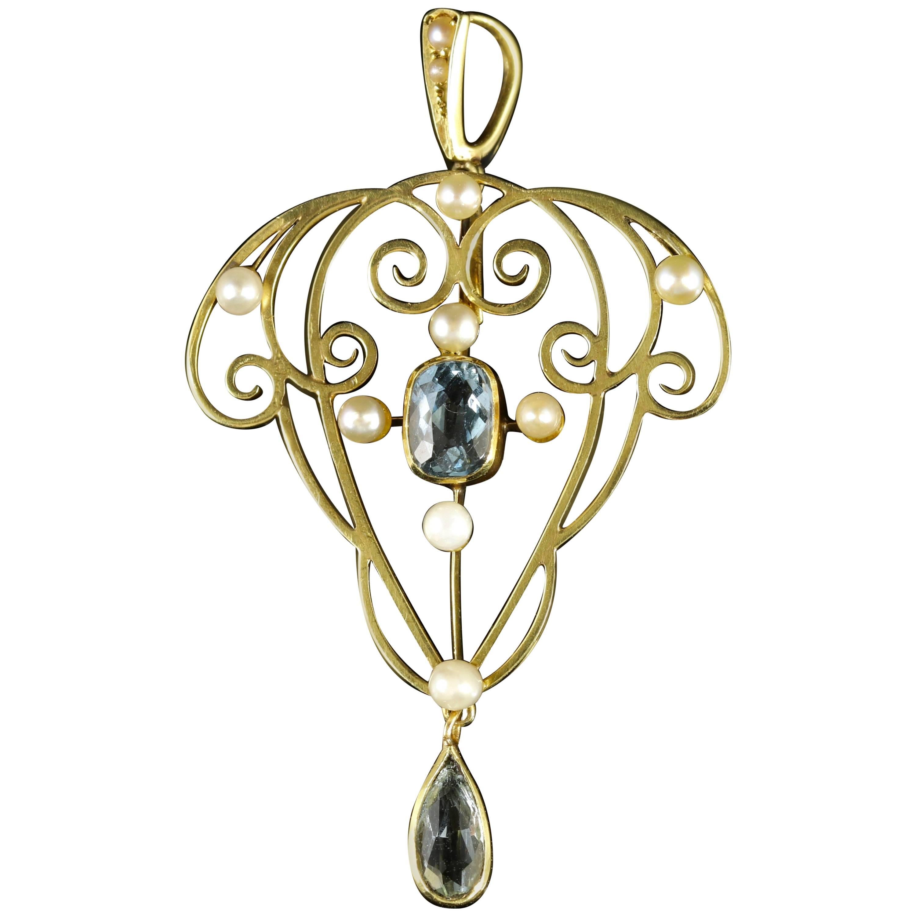 Antique Aquamarine Pearl Gold Pendant 15 Carat Gold