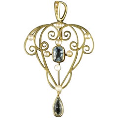 Antique Aquamarine Pearl Gold Pendant 15 Carat Gold