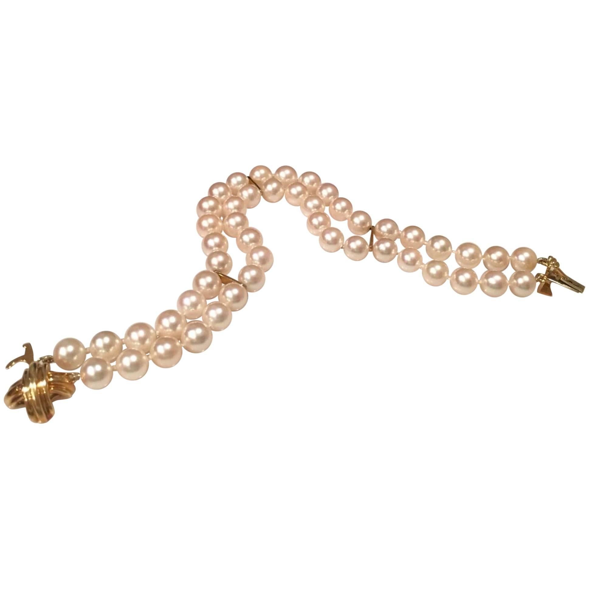 Tiffany & Co. Signature X Double Strand Cultured Pearl Yellow Gold Bracelet