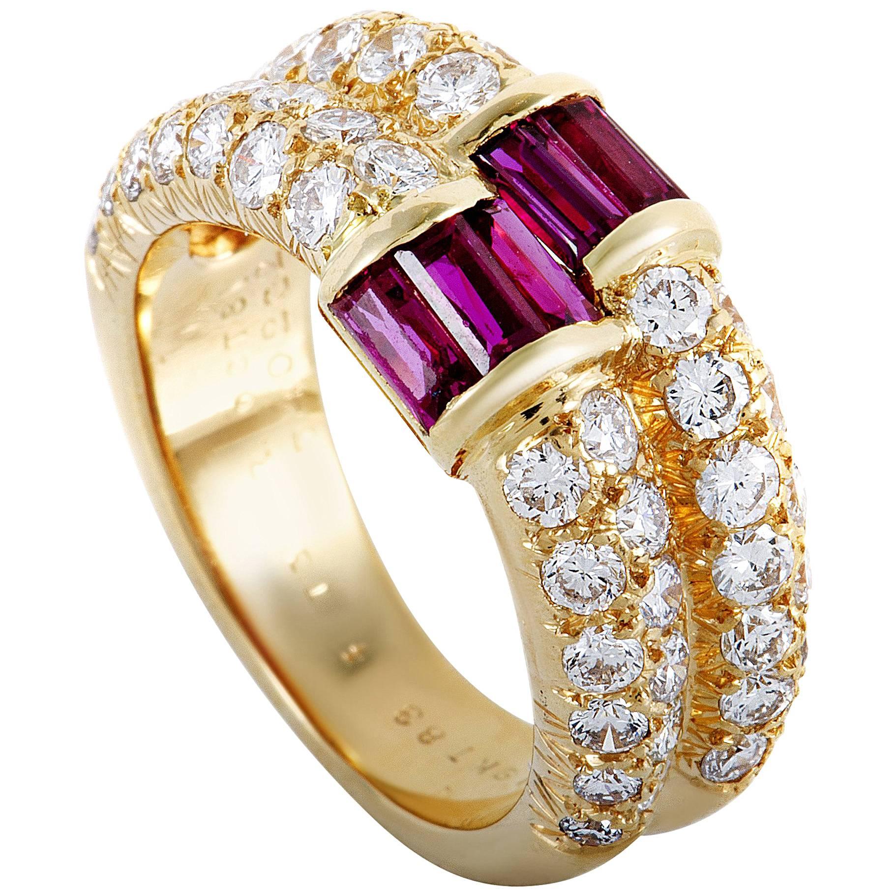 Van Cleef & Arpels Diamond Pave Baguette Ruby Yellow Gold Double Band Ring