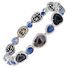 Natural Geode & Blue Sapphire Bracelet Bangle in 18KT White Gold with Diamonds