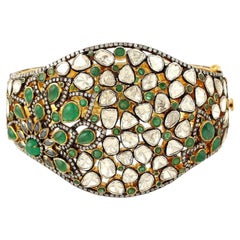 Natural Emerald Polki Diamond Bangle Cuff in 18KT Gold & Silver