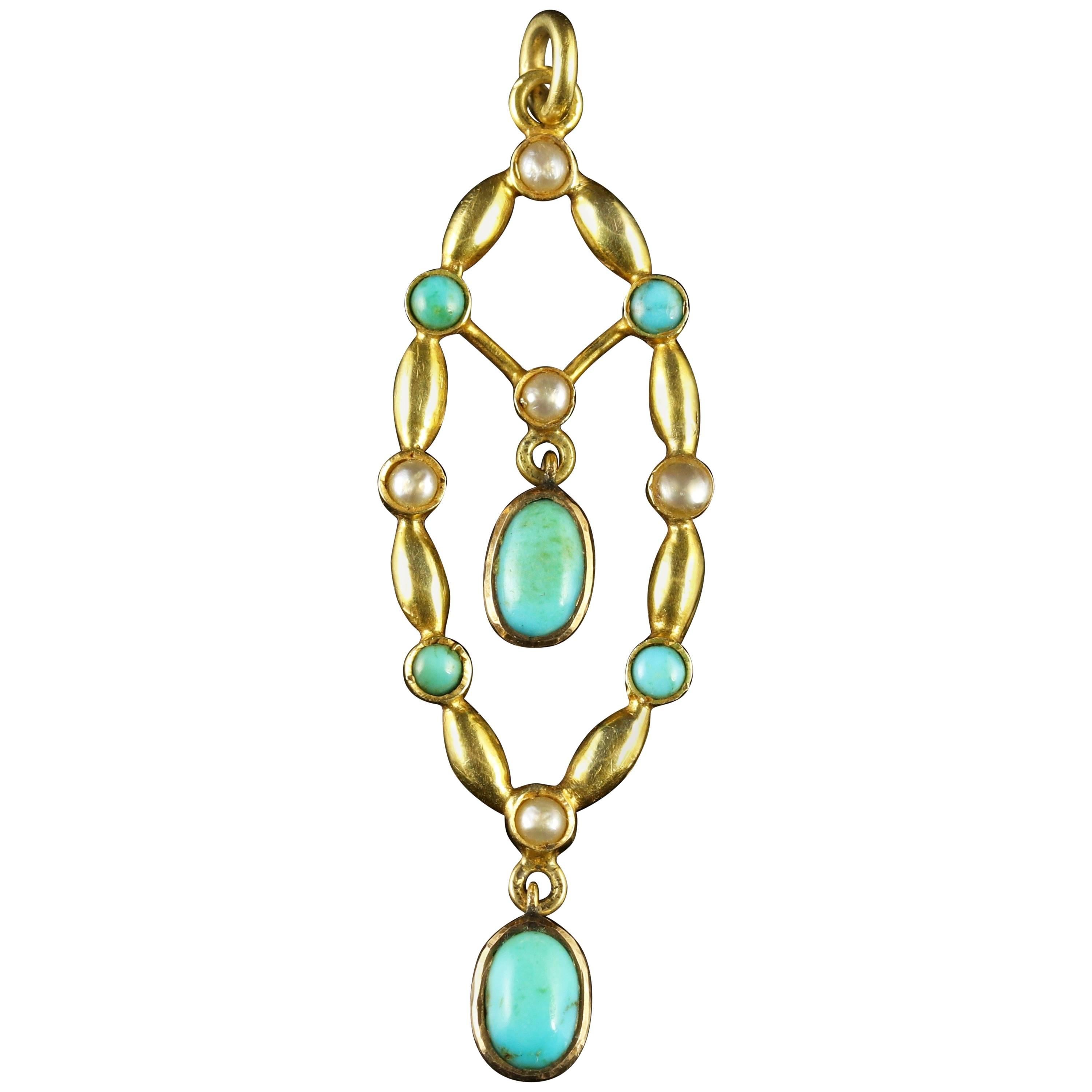 Antique Victorian Turquoise and Pearl, circa 1880 Pendant For Sale