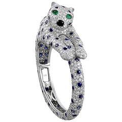 Cartier Sapphire Diamond Platinum Panther Bangle Bracelet 12