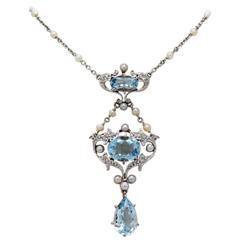 Edwardian Aquamarine Seed Pearl Diamond Gold Platinum Necklace