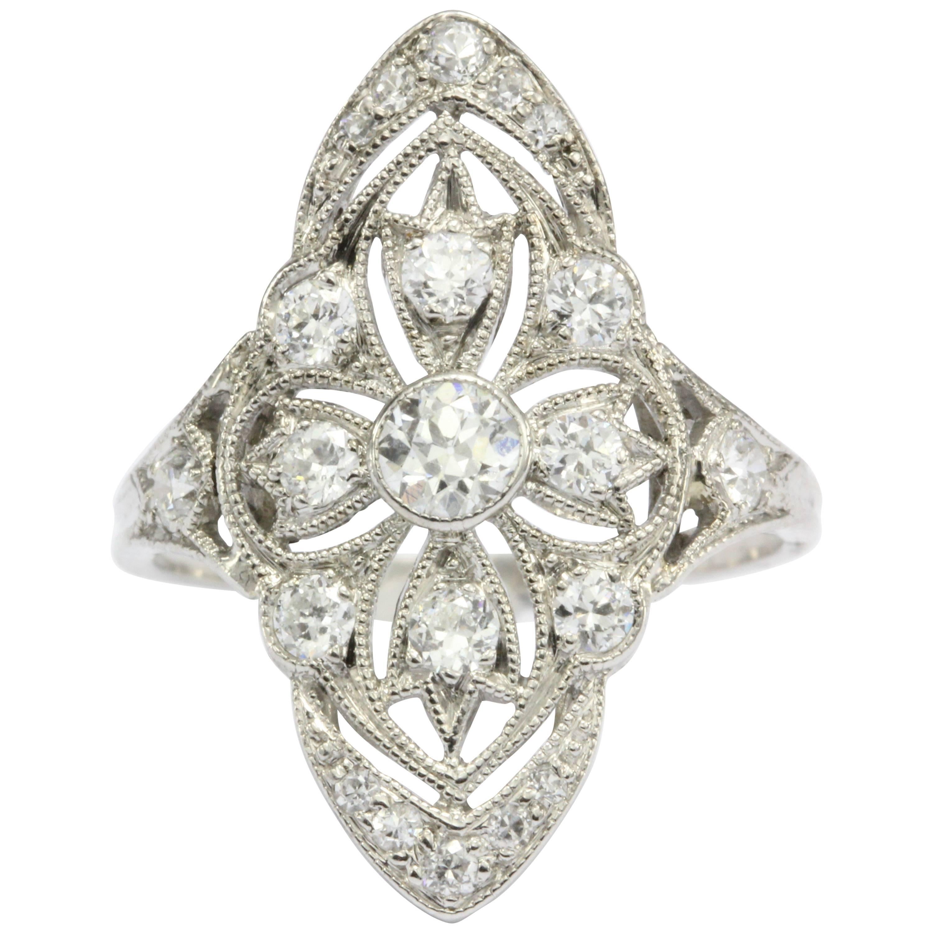 Art Deco Filigree Old European Cut Diamond Platinum Ring