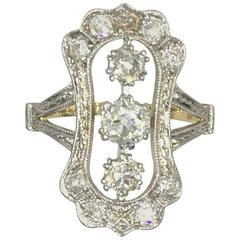 Antique Diamond Yellow Gold Platinum Three-Stone Ring 10