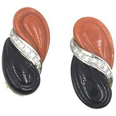 Retro Carved Onyx Coral Diamond Yellow Gold Earrings 2