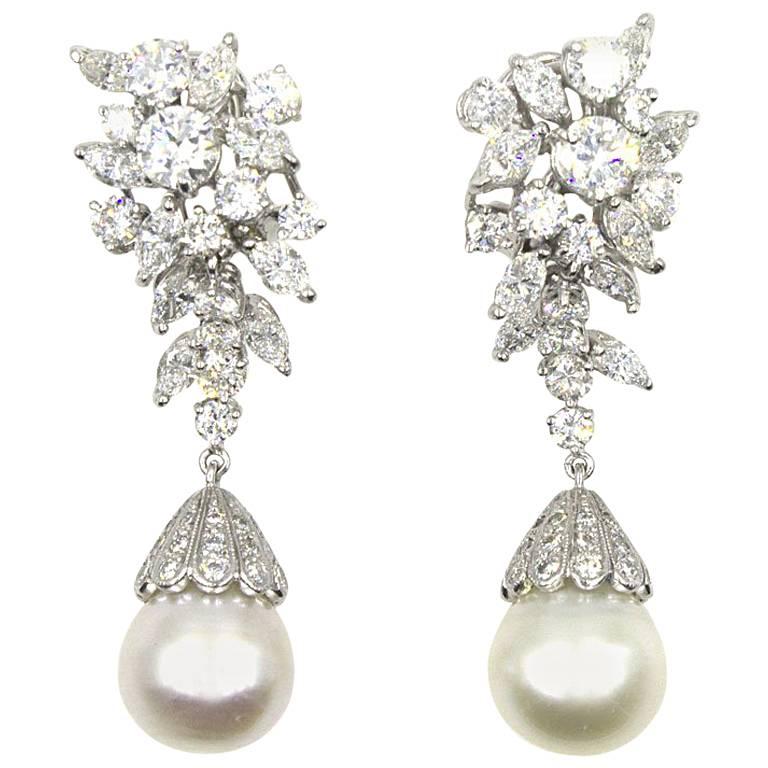 1960s Diamond South Sea Pearl Platinum Drop Earrings